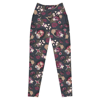 Gothic Teddy premium leggings in mauve and charcoal with ornate crosses and grey-blue roses, alternative style