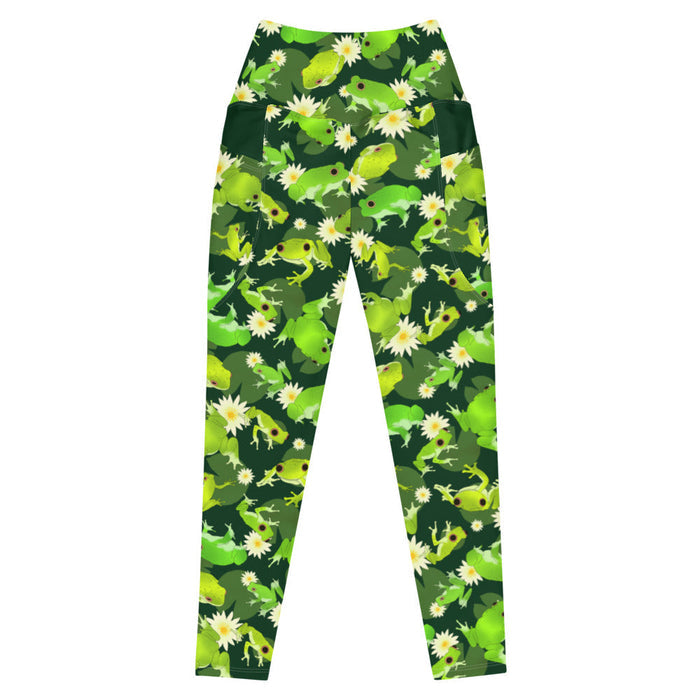Kero-kero kawaii premium leggings in green with webbed-toed frogs and white lotus blossoms