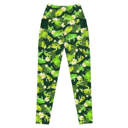 Kero-kero kawaii premium leggings in green with webbed-toed frogs and white lotus blossoms