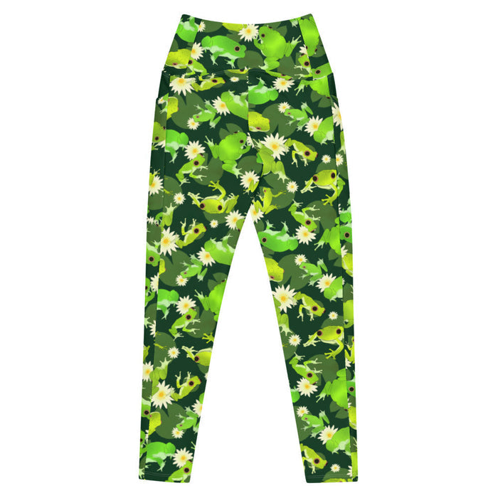 Kero-kero kawaii premium leggings in green with hopping green frogs and sunlit water lilies