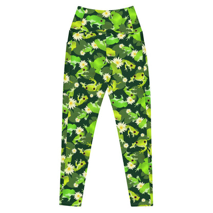 Kero-kero kawaii premium leggings in green with hopping green frogs and sunlit water lilies