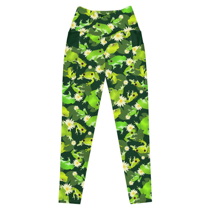 Kero-kero kawaii premium leggings in green with long-legged frogs and lily pads