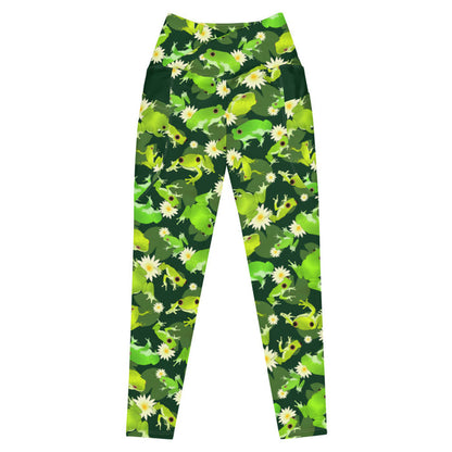 Kero-kero kawaii premium leggings in green with long-legged frogs and lily pads