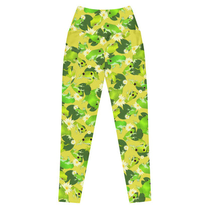 Kero-kero kawaii premium leggings in green with plump green frogs and golden lily centers