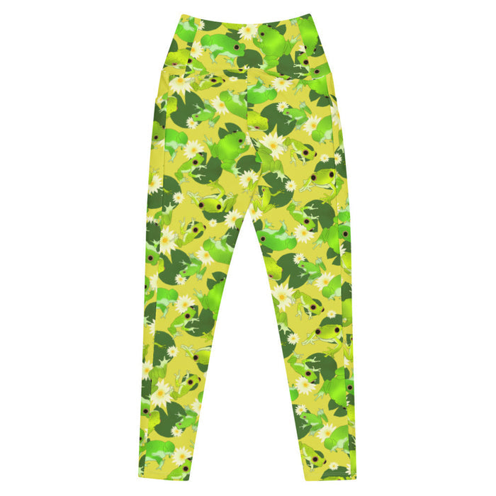 Kero-kero kawaii premium leggings in green with bright green frogs and creamy lotus flowers