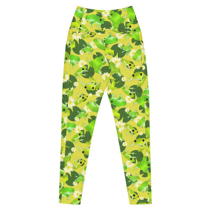 Kero-kero kawaii premium leggings in green with bright green frogs and creamy lotus flowers
