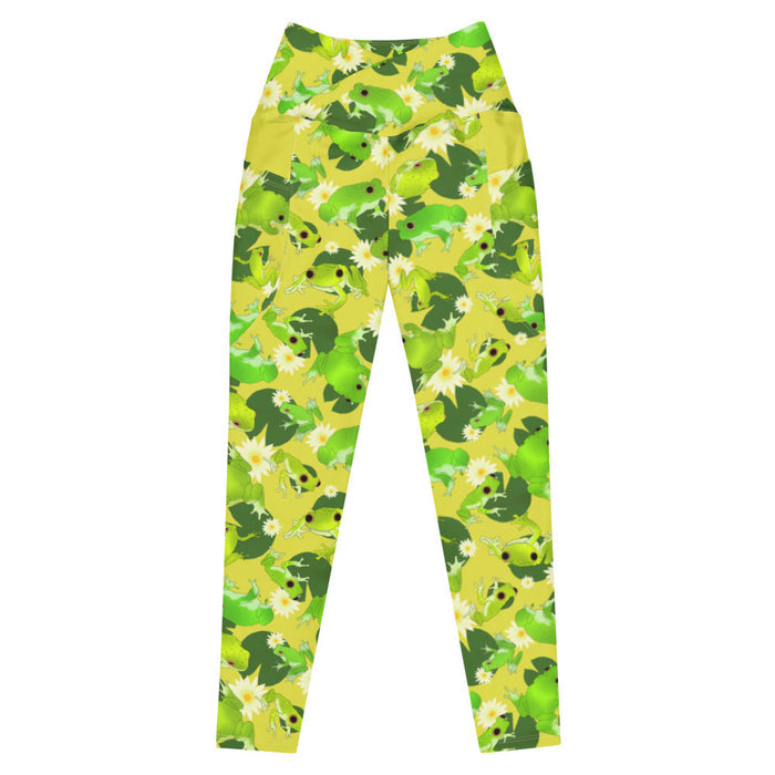 Kero-kero kawaii premium leggings in green with frogs mid-jump and pale water lilies