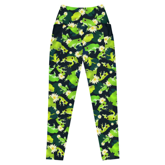 Kero-kero kawaii premium leggings in green with green tree frogs and white water lilies