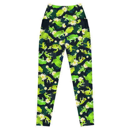 Kero-kero kawaii premium leggings in green with green tree frogs and white water lilies