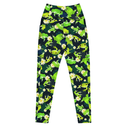 Kero-kero kawaii premium leggings in green with leaping frogs and golden-eyed lotus blooms