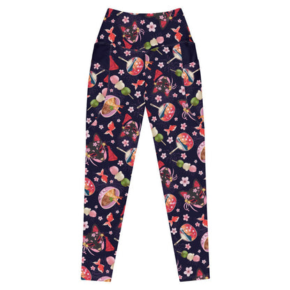 Premium Matsuri kawaii leggings with black kitsune masks and red goldfish