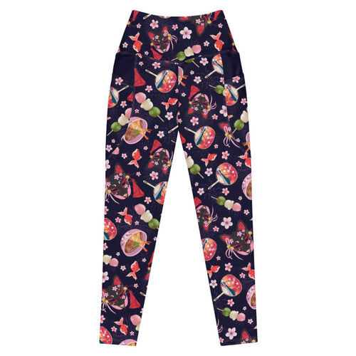 Premium Matsuri kawaii leggings with black kitsune masks and red goldfish