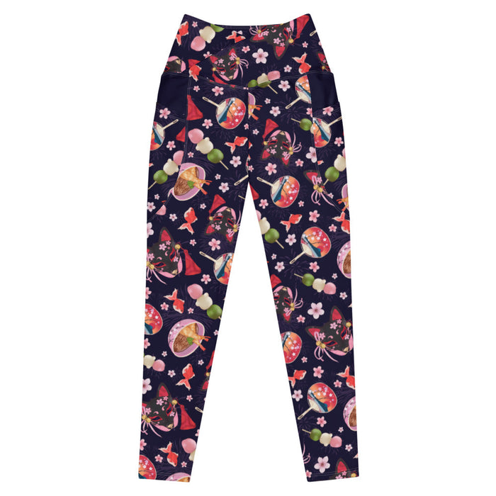 Premium Matsuri kawaii leggings with uchiwa fans and tricolor dango