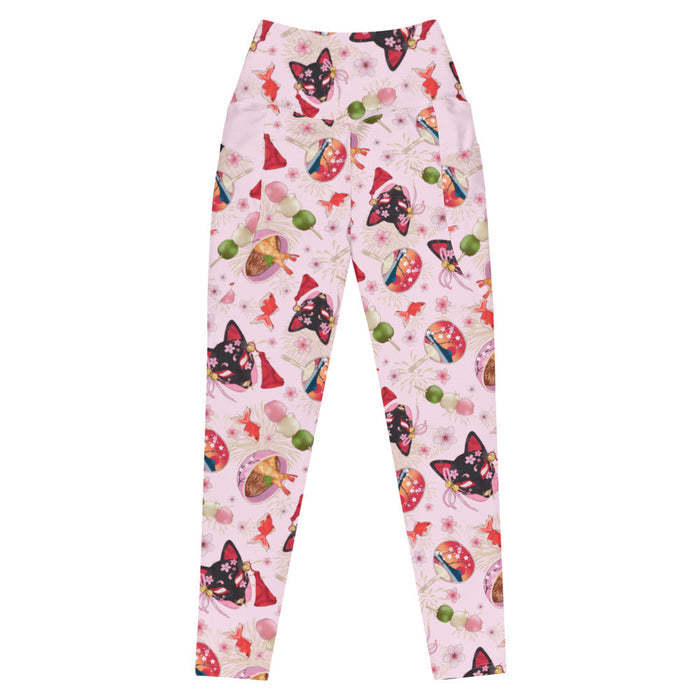 Premium Matsuri kawaii leggings in pink with sakura-painted kitsune masks and goldfish