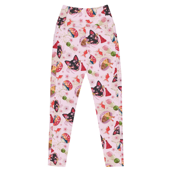 Premium Matsuri kawaii leggings with red goldfish and cherry blossoms
