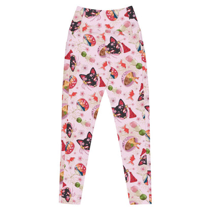 Premium Matsuri kawaii leggings with red goldfish and cherry blossoms