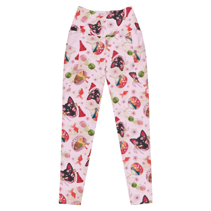 Premium Matsuri kawaii leggings in pink with paper fans and hanami dango