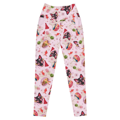 Premium Matsuri kawaii leggings in pink with paper fans and hanami dango