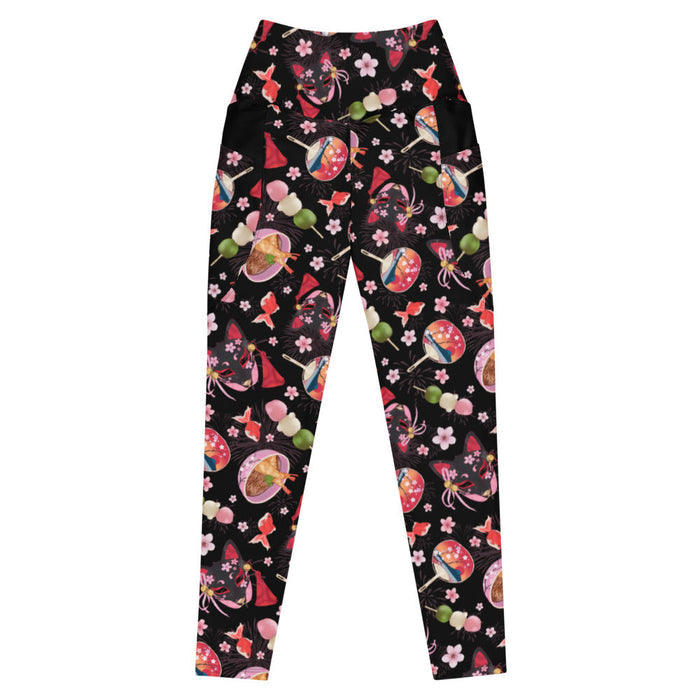 Premium Matsuri kawaii leggings with kitsune masks and sakura blossoms