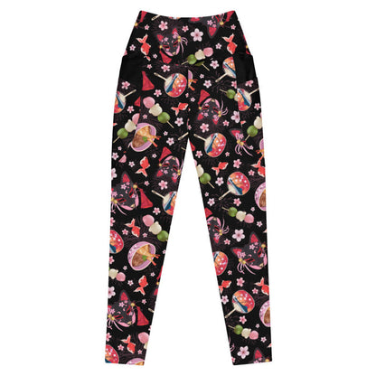 Premium Matsuri kawaii leggings with kitsune masks and sakura blossoms