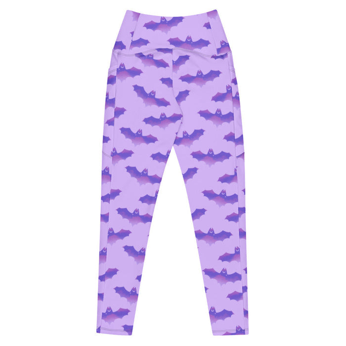 Morrigan pastel-goth leggings in lavender with bat print and pastel clouds
