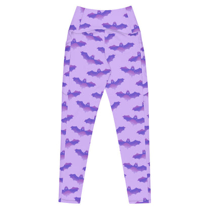 Morrigan pastel-goth leggings in lavender with bat print and pastel clouds