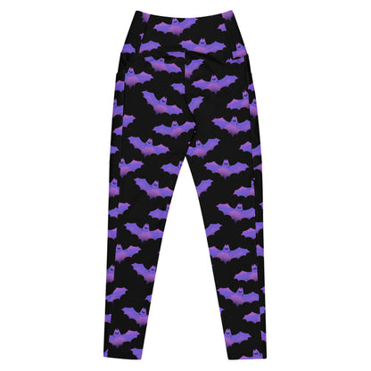 Morrigan pastel-goth leggings in lavender with watercolor bats and drifting clouds