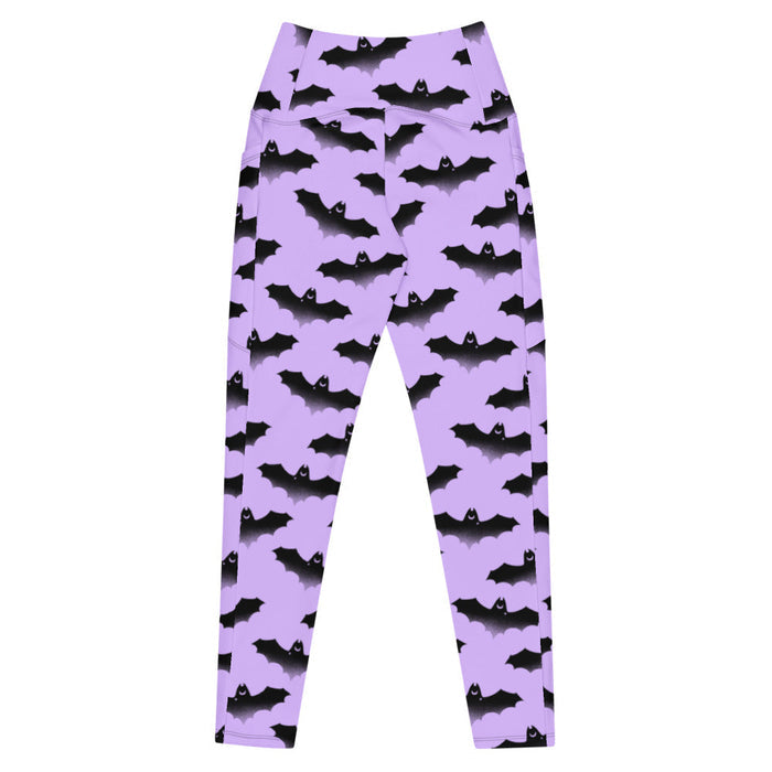 Morrigan pastel-goth leggings in lavender with bat print and pastel clouds