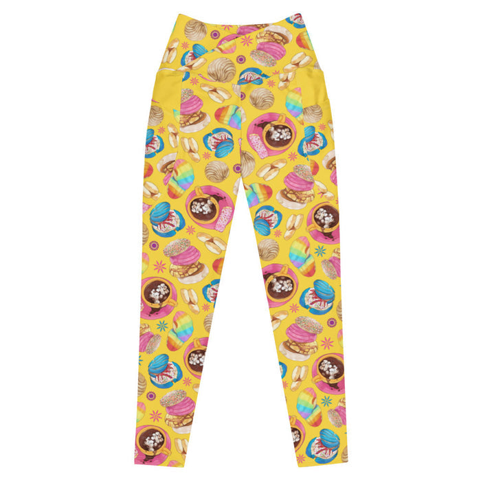 Pan Dulce kawaii premium leggings in yellow with rainbow-striped conchas and blue drizzled conchas