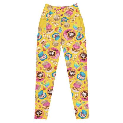 Pan Dulce kawaii premium leggings in yellow with rainbow-striped conchas and blue drizzled conchas