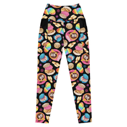 Pan Dulce kawaii premium leggings in yellow with pink conchas and marshmallow hot chocolate