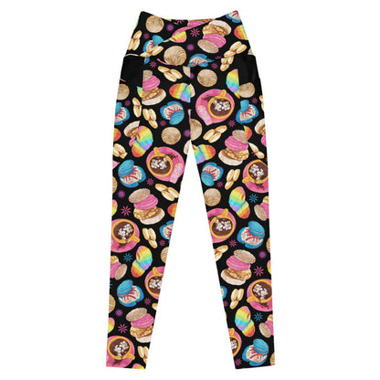 Pan Dulce kawaii premium leggings in yellow with blue drizzled conchas and polvorón cookies
