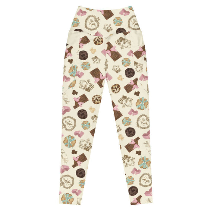 Royal Cookie kawaii premium leggings in vanilla cream with gilded monogram crests and pink bows