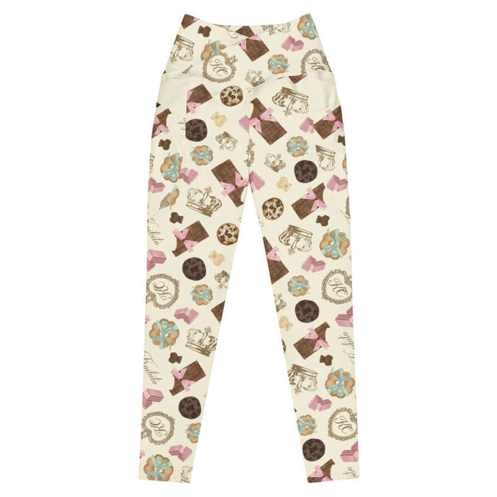 Royal Cookie kawaii premium leggings in vanilla cream with gold crowns and milk-chocolate bars