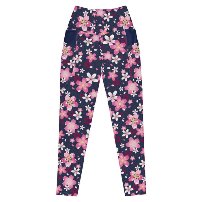 Sakura kawaii premium leggings in pink with hot-pink cherry blossoms and gold seigaiha waves
