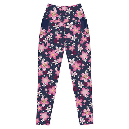 Sakura kawaii premium leggings in pink with hot-pink cherry blossoms and gold seigaiha waves