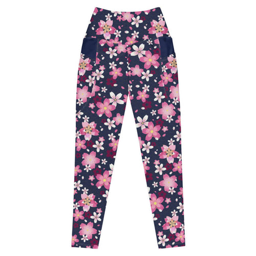 Sakura kawaii premium leggings in pink with hot-pink cherry blossoms and gold seigaiha waves
