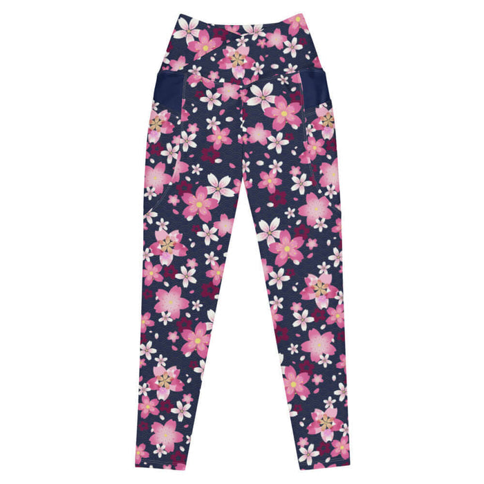 Sakura kawaii premium leggings in pink with drifting cherry blossom petals and golden wave arcs