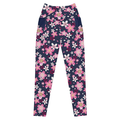 Sakura kawaii premium leggings in pink with drifting cherry blossom petals and golden wave arcs