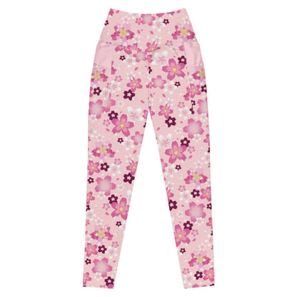 Sakura kawaii premium leggings in pink with bright pink sakura and white-centered wine blooms