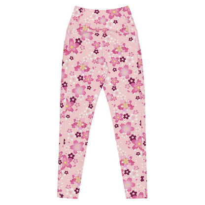 Sakura kawaii premium leggings in pink with pale pink blossoms and scattered petals