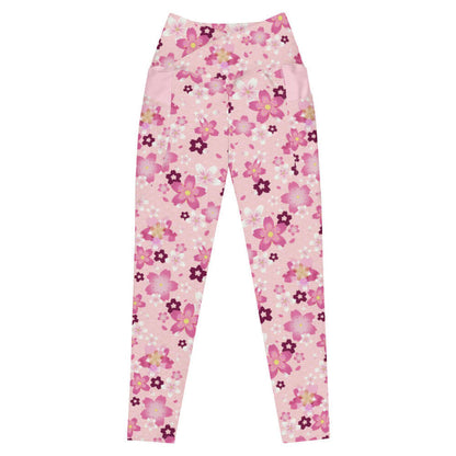 Sakura kawaii premium leggings in pink with golden-centered sakura and gold seigaiha waves