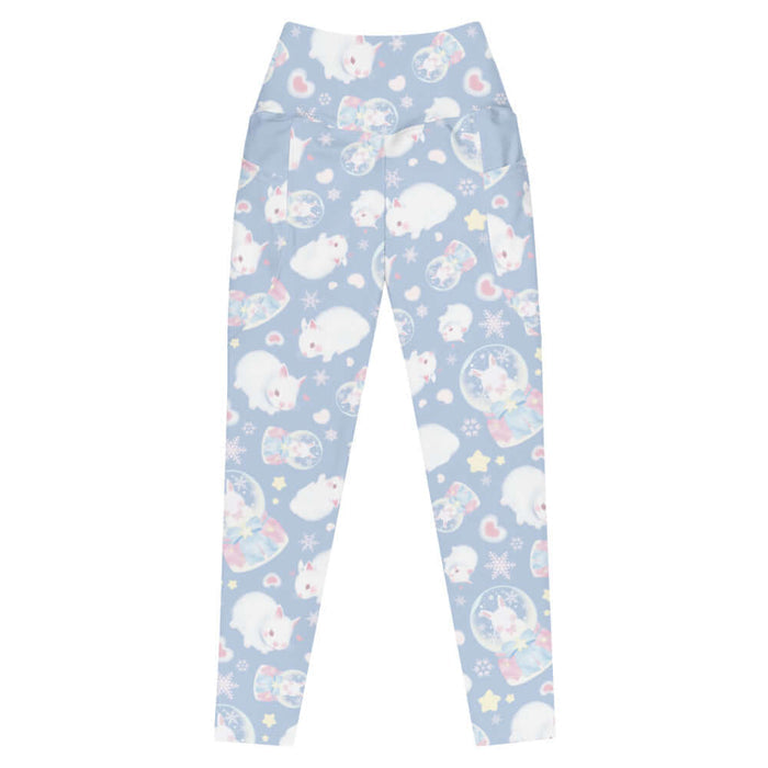 Snow Bunny kawaii premium leggings in blue with fluffy white bunnies and snow globes