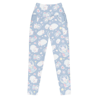 Snow Bunny kawaii premium leggings in blue with fluffy white bunnies and snow globes