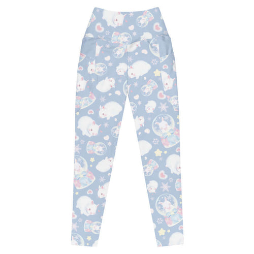 Snow Bunny kawaii premium leggings in blue with fluffy white bunnies and snow globes