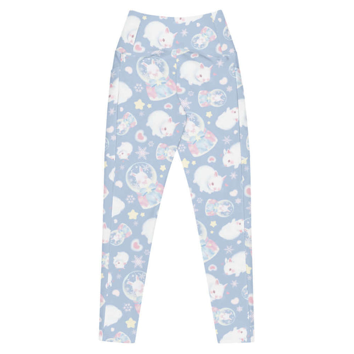 Snow Bunny kawaii premium leggings with blushing bunnies and blue satin bows