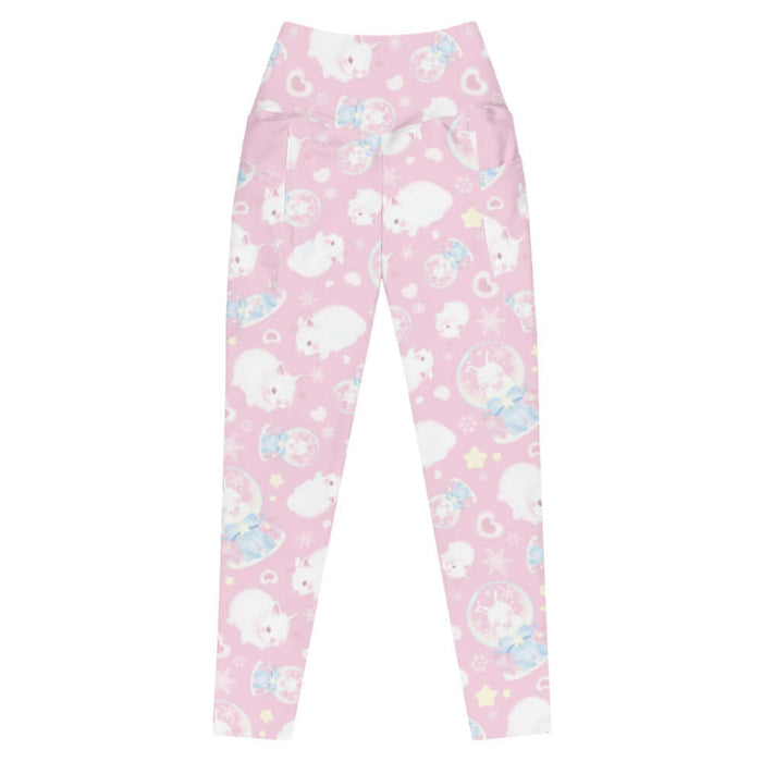 Snow Bunny kawaii premium leggings in pink with fluffy bunnies and cream stars