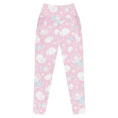 Snow Bunny kawaii premium leggings in pink with fluffy bunnies and cream stars