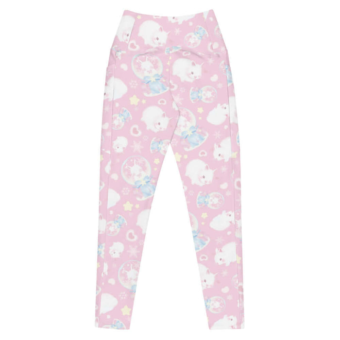 Snow Bunny kawaii premium leggings in pink with blue satin bows and little hearts