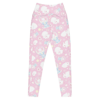 Snow Bunny kawaii premium leggings in pink with blue satin bows and little hearts